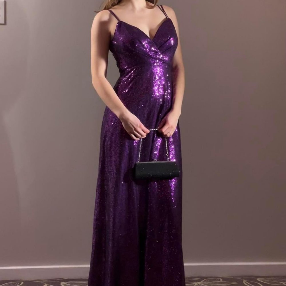 Azazie Purple Sequin Spaghetti-Strap Evening Gown